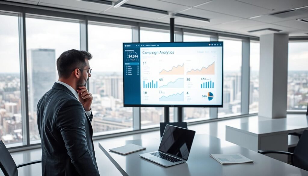 A sleek, modern office setting with a large monitor displaying a dashboard of campaign analytics data. In the foreground, a person in a business suit intently studying the screen, their expression focused and thoughtful. The middle ground features an organized workspace with a laptop, notepad, and strategically placed graphs and charts. The background shows a minimalist, well-lit room with floor-to-ceiling windows, offering a scenic view of a bustling cityscape. The overall atmosphere conveys a sense of professionalism, data-driven decision making, and the pursuit of marketing insights.
