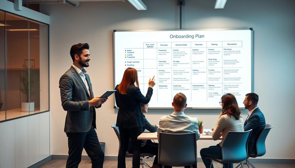 A sleek, modern office setting with a large whiteboard on the wall. In the foreground, a professional-looking person is standing, holding a tablet and gesturing towards the whiteboard which displays a detailed, custom-made onboarding plan with various steps, milestones, and progress indicators. The middle ground features a team of colleagues gathered around a conference table, engaged in a discussion about the onboarding plan. The background is softly lit, with warm tones and minimalist decor, conveying a sense of productivity and collaboration. The overall scene exudes a mood of focused, efficient, and personalized onboarding. A sleek, modern office setting with a large whiteboard on the wall. In the foreground, a professional-looking person is standing, holding a tablet and gesturing towards the whiteboard which displays a detailed, custom-made onboarding plan with various steps, milestones, and progress indicators. The middle ground features a team of colleagues gathered around a conference table, engaged in a discussion about the onboarding plan. The background is softly lit, with warm tones and minimalist decor, conveying a sense of productivity and collaboration. The overall scene exudes a mood of focused, efficient, and personalized onboarding.