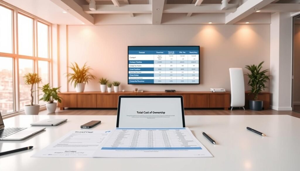 A sleek, modern office space with an expansive desk showcasing a detailed spreadsheet displaying the key components of "total cost of ownership". In the foreground, a laptop and stylish office supplies add a sense of professionalism. The middle ground features a large monitor displaying various pricing and feature breakdowns for cloud-based email services. The background has minimalist decor, warm lighting, and large windows providing a serene, contemplative atmosphere. The overall scene conveys a comprehensive, analytical approach to understanding the full financial impact of email marketing tools and their associated costs. A sleek, modern office space with an expansive desk showcasing a detailed spreadsheet displaying the key components of "total cost of ownership". In the foreground, a laptop and stylish office supplies add a sense of professionalism. The middle ground features a large monitor displaying various pricing and feature breakdowns for cloud-based email services. The background has minimalist decor, warm lighting, and large windows providing a serene, contemplative atmosphere. The overall scene conveys a comprehensive, analytical approach to understanding the full financial impact of email marketing tools and their associated costs.