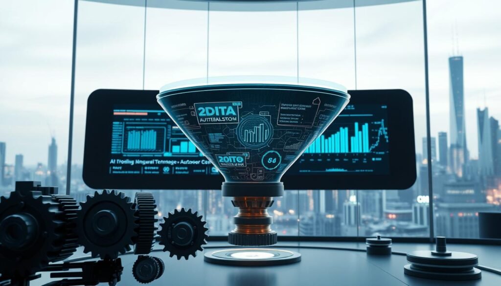 A sleek, streamlined automation funnel set against a backdrop of sleek, minimalist technology. In the foreground, a series of interconnected gears and cogs, their movements precisely choreographed, symbolizing the seamless integration of various automation processes. The middle ground features a futuristic, holographic display, showcasing a visual representation of the data flowing through the funnel, with dynamic visualizations and real-time analytics. In the background, a hint of a cityscape, with towering skyscrapers and a vibrant, neon-lit skyline, conveying a sense of innovation and progress. The overall mood is one of efficiency, control, and a forward-thinking approach to problem-solving, captured through a cinematic, high-contrast lighting setup and a wide-angle lens that emphasizes the scale and complexity of the automation funnel system.
