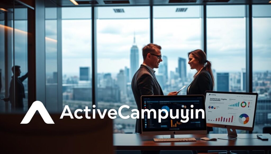 A sophisticated and visually appealing marketing automation platform, ActiveCampaign, shines in a sleek, modern office setting. The foreground features the ActiveCampaign logo and interface, showcasing its intuitive dashboard and powerful workflow automation capabilities. The middle ground depicts a team of professionals collaborating, their expressions focused as they leverage ActiveCampaign's advanced CRM and detailed reporting tools. In the background, a panoramic view of a dynamic city skyline sets the stage, conveying the platform's ability to help businesses scale and thrive in a competitive, technology-driven landscape. Warm, directional lighting illuminates the scene, creating a sense of professionalism and productivity. The overall mood is one of efficiency, innovation, and the seamless integration of marketing automation and customer relationship management. A sophisticated and visually appealing marketing automation platform, ActiveCampaign, shines in a sleek, modern office setting. The foreground features the ActiveCampaign logo and interface, showcasing its intuitive dashboard and powerful workflow automation capabilities. The middle ground depicts a team of professionals collaborating, their expressions focused as they leverage ActiveCampaign's advanced CRM and detailed reporting tools. In the background, a panoramic view of a dynamic city skyline sets the stage, conveying the platform's ability to help businesses scale and thrive in a competitive, technology-driven landscape. Warm, directional lighting illuminates the scene, creating a sense of professionalism and productivity. The overall mood is one of efficiency, innovation, and the seamless integration of marketing automation and customer relationship management.