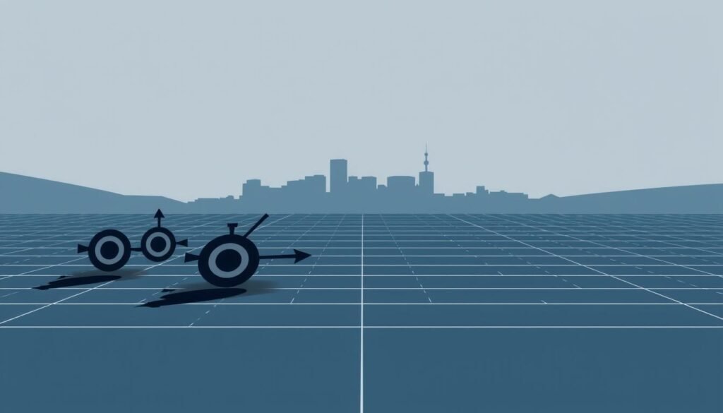 A stark, minimalist landscape of sharp-edged geometric shapes in shades of gray, blue, and black. In the foreground, a series of interconnected arrows and targets, precisely arranged to convey the concepts of "targeting and timing". The middle ground features a grid-like pattern of lines and angles, suggesting data analytics and strategic planning. In the background, a shadowy silhouette of a cityscape, hinting at the broader context of digital marketing and campaign optimization. The lighting is dramatic, with a single strong light source casting long shadows and creating a sense of depth and dimension. The overall mood is one of focus, intentionality, and the power of data-driven decision-making. A stark, minimalist landscape of sharp-edged geometric shapes in shades of gray, blue, and black. In the foreground, a series of interconnected arrows and targets, precisely arranged to convey the concepts of "targeting and timing". The middle ground features a grid-like pattern of lines and angles, suggesting data analytics and strategic planning. In the background, a shadowy silhouette of a cityscape, hinting at the broader context of digital marketing and campaign optimization. The lighting is dramatic, with a single strong light source casting long shadows and creating a sense of depth and dimension. The overall mood is one of focus, intentionality, and the power of data-driven decision-making.