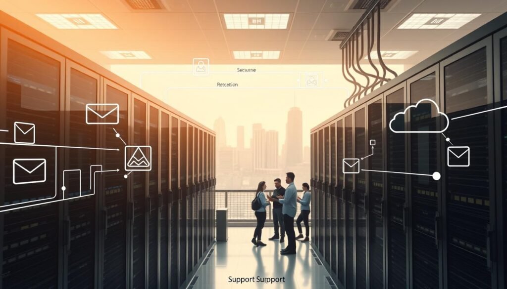 A supportive and enterprise-ready infrastructure, with a modern data center in the foreground, surrounded by a network of secure communication channels and compliant cloud services. Soft, diffused lighting highlights the sleek, minimalist design, conveying a sense of reliability and efficiency. In the middle ground, a team of engineers collaborate seamlessly, their faces obscured to emphasize the collaborative nature of the support system. The background features a cityscape, symbolizing the global reach and enterprise-level capabilities of the transactional email service provider. A supportive and enterprise-ready infrastructure, with a modern data center in the foreground, surrounded by a network of secure communication channels and compliant cloud services. Soft, diffused lighting highlights the sleek, minimalist design, conveying a sense of reliability and efficiency. In the middle ground, a team of engineers collaborate seamlessly, their faces obscured to emphasize the collaborative nature of the support system. The background features a cityscape, symbolizing the global reach and enterprise-level capabilities of the transactional email service provider.