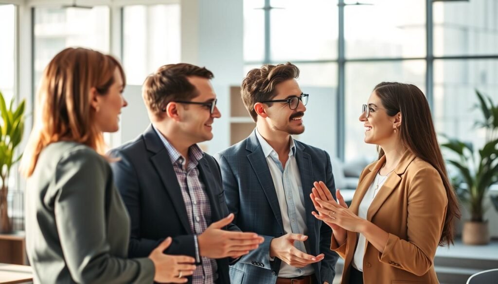 A vibrant and engaging scene showcasing the art of effective communication. In the foreground, two professionals engage in a lively discussion, their body language and facial expressions conveying a sense of mutual understanding and thoughtful exchange. The middle ground features a sleek and modern office environment, with clean lines and minimal decor, creating a calming backdrop that allows the focus to remain on the individuals. Soft, natural lighting filters in through large windows, casting a warm glow and highlighting the attentive expressions of the communicators. The overall atmosphere exudes a sense of professionalism, collaboration, and the power of open, empathetic dialogue to solve complex problems. A vibrant and engaging scene showcasing the art of effective communication. In the foreground, two professionals engage in a lively discussion, their body language and facial expressions conveying a sense of mutual understanding and thoughtful exchange. The middle ground features a sleek and modern office environment, with clean lines and minimal decor, creating a calming backdrop that allows the focus to remain on the individuals. Soft, natural lighting filters in through large windows, casting a warm glow and highlighting the attentive expressions of the communicators. The overall atmosphere exudes a sense of professionalism, collaboration, and the power of open, empathetic dialogue to solve complex problems.