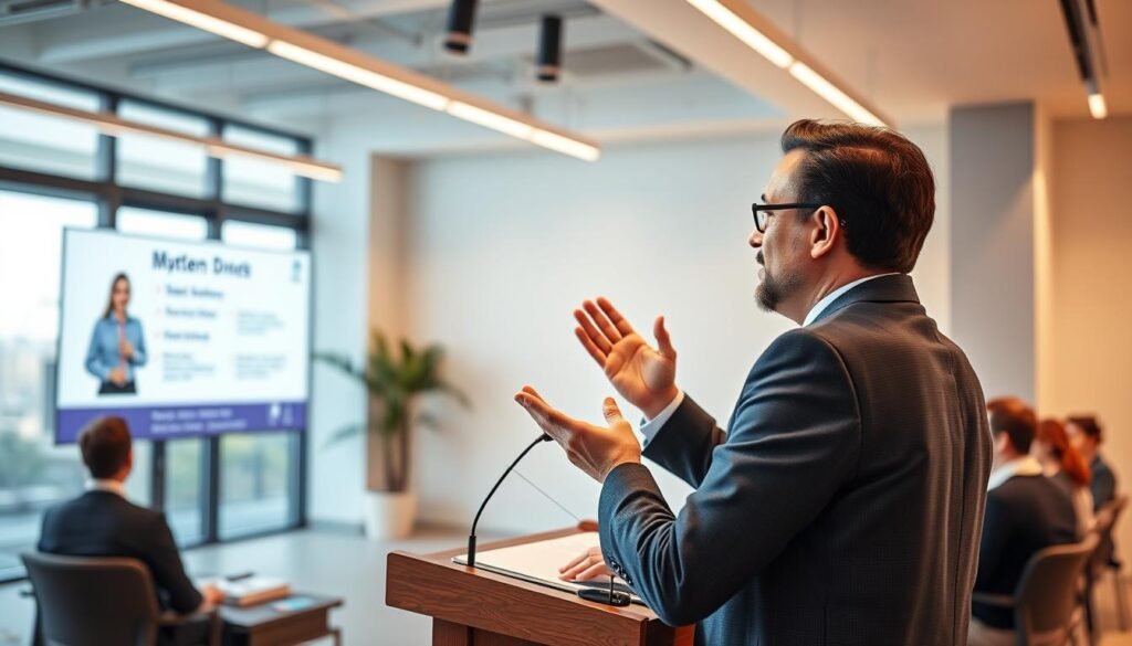 A vibrant and engaging webinar scene, captured through the lens of a high-quality DSLR camera. In the foreground, a speaker stands at a podium, gesturing enthusiastically as they present to a virtual audience. The middle ground showcases a clean, modern presentation slide, highlighting key talking points. In the background, a sleek, minimalist office setting with large windows allows natural light to flood the space, creating a warm and inviting atmosphere. The lighting is soft and evenly distributed, accentuating the speaker's features and the clarity of the presentation. The overall composition conveys a sense of professionalism, interactivity, and a thriving online event experience.