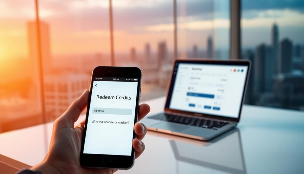 A vibrant and modern image showcasing the process of redeeming credits. In the foreground, a hand holds a smartphone displaying a "Redeem Credits" interface, the screen bathed in a warm, soft light. In the middle ground, a sleek, minimalist laptop sits on a clean, white desk, its display showing a simplified billing dashboard. The background features a blurred city skyline, hinting at the broader business and marketing context. The overall scene conveys a sense of efficiency, simplicity, and professionalism, reflecting the key terms and conditions of the "GetResponse Signup Bonus" offer.