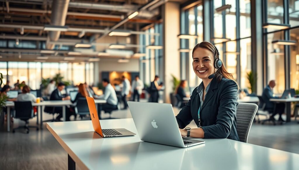 A vibrant and modern office workspace, bathed in warm, directional lighting from large windows. In the foreground, a friendly customer service agent sits at a sleek, minimalist desk, headset on, ready to assist with any inquiries. The middle ground shows a team of agents collaborating on laptops, while the background reveals a bustling open-plan office with employees engaged in various tasks. The overall atmosphere conveys a sense of efficiency, professionalism, and a customer-centric approach to live chat and support services. A vibrant and modern office workspace, bathed in warm, directional lighting from large windows. In the foreground, a friendly customer service agent sits at a sleek, minimalist desk, headset on, ready to assist with any inquiries. The middle ground shows a team of agents collaborating on laptops, while the background reveals a bustling open-plan office with employees engaged in various tasks. The overall atmosphere conveys a sense of efficiency, professionalism, and a customer-centric approach to live chat and support services.