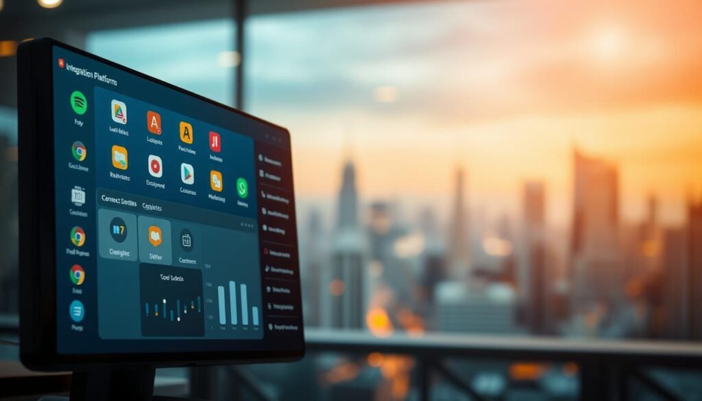 A vibrant and sleek integration platforms tool, showcasing a seamless user interface with various application icons and connection points. The foreground displays a central dashboard with data visualization elements, while the middle ground features intuitive navigation menus and connection toggles. The background depicts a blurred, abstract cityscape, conveying a sense of the tool's interconnectivity with the broader digital ecosystem. The lighting is warm and inviting, creating a professional and trustworthy atmosphere. The camera angle is slightly elevated, providing an overview of the tool's capabilities and functionality. A vibrant and sleek integration platforms tool, showcasing a seamless user interface with various application icons and connection points. The foreground displays a central dashboard with data visualization elements, while the middle ground features intuitive navigation menus and connection toggles. The background depicts a blurred, abstract cityscape, conveying a sense of the tool's interconnectivity with the broader digital ecosystem. The lighting is warm and inviting, creating a professional and trustworthy atmosphere. The camera angle is slightly elevated, providing an overview of the tool's capabilities and functionality.