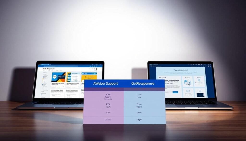 A vibrant and visually compelling scene showcasing the contrasting features of AWeber and GetResponse, two leading email marketing platforms. In the foreground, a dynamic comparison chart highlights the key support differences between the two services, with crisp icons and clear data visualizations. The middle ground features sleek, minimalist laptop displays, one showcasing the GetResponse interface and the other highlighting AWeber's capabilities, set against a subtle gradient background in complementary hues. Dramatic studio lighting casts dramatic shadows, adding depth and drama to the composition. The overall atmosphere conveys a sense of professional evaluation, guiding the viewer to assess the relative merits of these two email marketing solutions. A vibrant and visually compelling scene showcasing the contrasting features of AWeber and GetResponse, two leading email marketing platforms. In the foreground, a dynamic comparison chart highlights the key support differences between the two services, with crisp icons and clear data visualizations. The middle ground features sleek, minimalist laptop displays, one showcasing the GetResponse interface and the other highlighting AWeber's capabilities, set against a subtle gradient background in complementary hues. Dramatic studio lighting casts dramatic shadows, adding depth and drama to the composition. The overall atmosphere conveys a sense of professional evaluation, guiding the viewer to assess the relative merits of these two email marketing solutions.