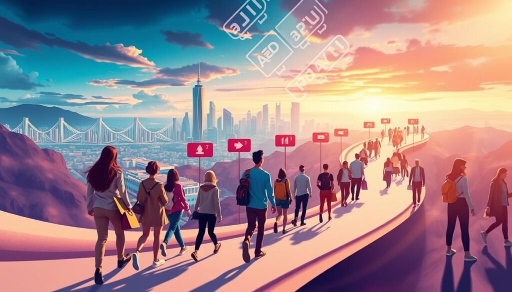A vibrant, cinematic illustration of the customer journey, captured with a wide-angle lens and dramatic lighting. In the foreground, a diverse group of customers navigates a winding path, representing the various stages of the lifecycle. The middle ground showcases a series of touchpoints, each representing a key interaction, from initial awareness to post-purchase engagement. In the background, a sleek, modern cityscape provides a contemporary backdrop, conveying a sense of progress and innovation. The overall atmosphere is one of dynamism and momentum, reflecting the continuous evolution of the customer experience.
