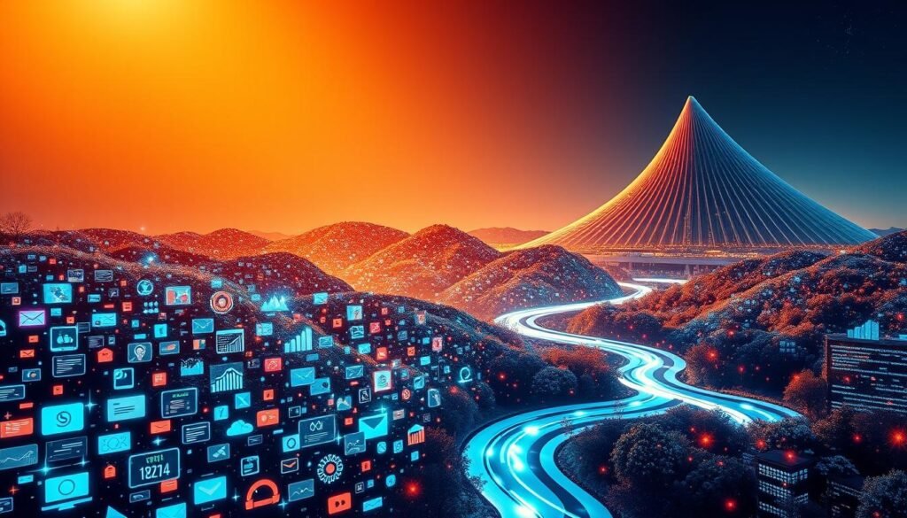 A vibrant, data-driven cross-channel landscape, illuminated by a warm, diffused light. In the foreground, a mosaic of digital touchpoints - emails, social media, web pages, and mobile apps - seamlessly integrated and pulsing with real-time engagement metrics. The middle ground features a data visualization dashboard, displaying the complex customer journey across channels, with insights and analytics flowing like a digital river. In the background, a sleek, minimalist architectural structure symbolizes the underlying technological framework enabling this cross-channel harmony. The overall atmosphere conveys a sense of data-driven optimization, consumer-centric strategy, and omnichannel mastery.