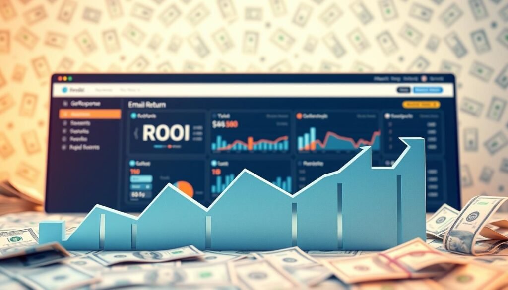 A vibrant, data-driven visualization depicting the return on investment (ROI) of GetResponse, a leading email marketing platform. In the foreground, a meticulously rendered graph showcases the financial benefits of using GetResponse, with clear, easy-to-interpret metrics. The middle ground features a sleek, minimalist user interface of the GetResponse dashboard, highlighting its intuitive design and powerful analytics tools. In the background, a subtle pattern of dollar bills and financial charts creates a sense of financial prosperity and business growth. The overall scene is illuminated by warm, directional lighting that casts a professional, authoritative tone, conveying the worthwhile monthly cost of GetResponse's robust email marketing solutions.
