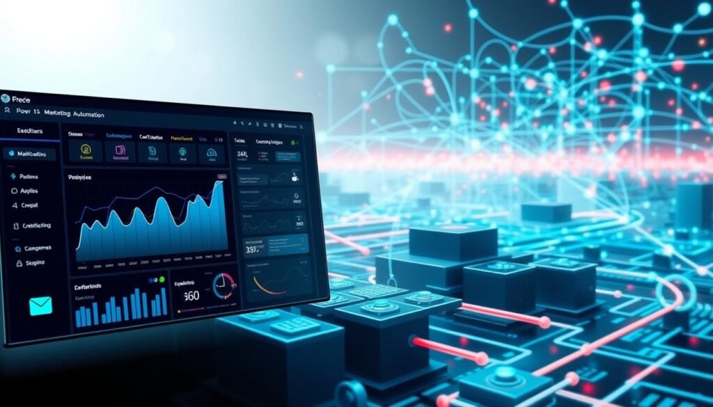A vibrant digital landscape showcasing the power of marketing automation. In the foreground, a sleek and intuitive dashboard displays real-time analytics and personalized customer insights, guiding strategic decision-making. The middle ground features a matrix of interconnected channels - email, SMS, push notifications - seamlessly orchestrated to deliver tailored, multi-touch experiences. In the background, a complex web of data flows and algorithmic processes hum with efficiency, powering timely, targeted journeys across the omnichannel canvas. The scene is bathed in a cool, futuristic glow, conveying the sophistication and dynamism of this marketing automation ecosystem.