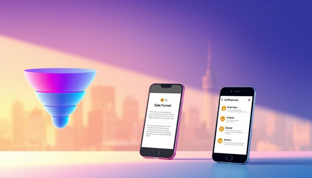 A vibrant digital sales funnel illustration showcasing the customer journey. In the foreground, a sleek, modern funnel with distinct stages - Awareness, Interest, Desire, and Action - depicted through smooth geometric shapes. The middle ground features a minimalist mobile device display, highlighting the GetResponse app interface and its key features. In the background, a softly blurred cityscape in warm tones provides an urban, professional atmosphere. Soft, directional lighting illuminates the scene, casting subtle shadows and adding depth. The overall composition conveys the power of mobile-optimized sales funnels for today's marketers.
