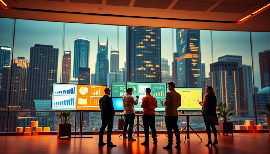A vibrant, dynamic scene showcasing the essence of marketing in a modern business setting. In the foreground, a group of professionals collaborating on a digital marketing campaign, surrounded by glowing screens, charts, and data visualizations. The middle ground features a sleek, minimalist office space with clean lines and a neutral color palette. The background is filled with a cityscape of towering skyscrapers, reflecting the fast-paced, innovative nature of the marketing industry. Warm, diffused lighting creates a sense of energy and productivity, while a shallow depth of field draws the viewer's attention to the collaborative efforts at the center of the frame. The overall composition conveys the interconnected, tech-driven nature of contemporary marketing strategies. A vibrant, dynamic scene showcasing the essence of marketing in a modern business setting. In the foreground, a group of professionals collaborating on a digital marketing campaign, surrounded by glowing screens, charts, and data visualizations. The middle ground features a sleek, minimalist office space with clean lines and a neutral color palette. The background is filled with a cityscape of towering skyscrapers, reflecting the fast-paced, innovative nature of the marketing industry. Warm, diffused lighting creates a sense of energy and productivity, while a shallow depth of field draws the viewer's attention to the collaborative efforts at the center of the frame. The overall composition conveys the interconnected, tech-driven nature of contemporary marketing strategies.