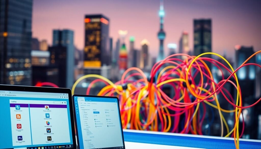 A vibrant, dynamic scene showcasing the integration of various digital tools and API connections. In the foreground, a sleek computer display with multiple windows and application icons, representing the seamless integration of GetResponse with other software platforms. The middle ground features a maze of colorful wires and cables, symbolizing the intricate network of API calls and data exchanges. The background is a blurred, futuristic cityscape, hinting at the larger technological landscape in which these integrations thrive. The overall atmosphere is one of efficiency, innovation, and the power of connecting disparate systems. Crisp, high-contrast lighting and a slightly elevated camera angle add depth and emphasis to the composition.