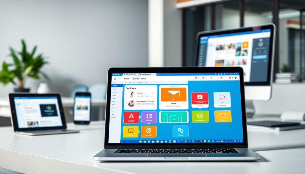 A vibrant, dynamic workspace showcasing a variety of email marketing tools. In the foreground, a sleek laptop displays a user-friendly email campaign dashboard, surrounded by colorful, intuitive icons representing features like list management, automation, and analytics. The middle ground features a collection of digital devices - a tablet, smartphone, and desktop computer - each highlighting different email-centric functionalities. In the background, a modern, minimalist office setting with clean lines, natural lighting, and a subtle, professional color palette creates a calm, productive atmosphere. The overall scene conveys the efficiency, versatility, and credibility of a comprehensive email marketing platform like GetResponse, well-suited for diverse marketing needs.