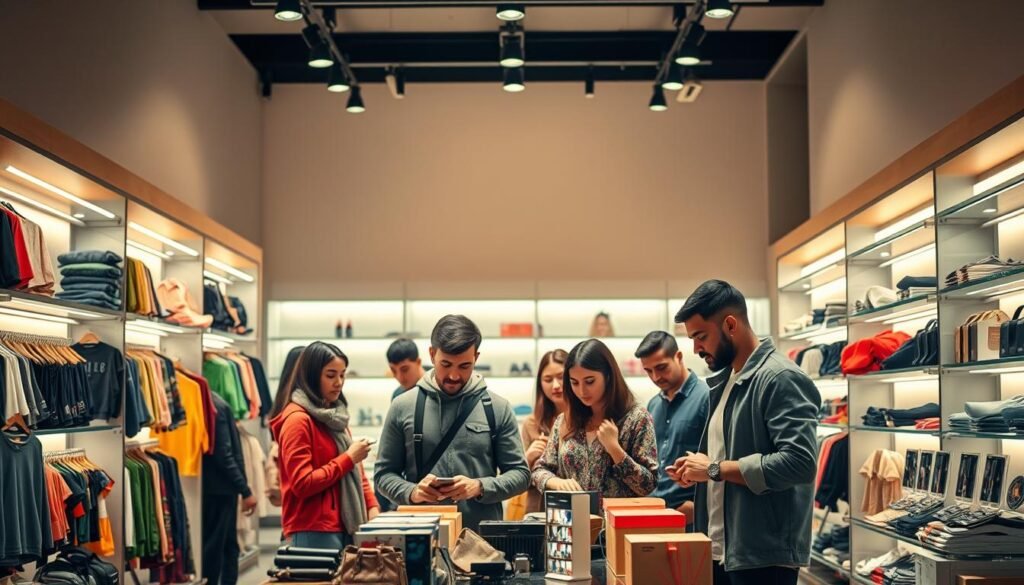 A vibrant e-commerce storefront, illuminated by warm, natural lighting. In the foreground, a display of various products - apparel, accessories, and tech gadgets - arranged in an eye-catching, visually appealing layout. In the middle ground, a group of diverse customers intently browsing the selection, their expressions conveying a sense of engagement and discovery. The background features a sleek, modern interior design with minimalist shelving, creating a cohesive and visually striking scene. Overall, the image exudes a mood of productivity, creativity, and a thriving e-commerce ecosystem. A vibrant e-commerce storefront, illuminated by warm, natural lighting. In the foreground, a display of various products - apparel, accessories, and tech gadgets - arranged in an eye-catching, visually appealing layout. In the middle ground, a group of diverse customers intently browsing the selection, their expressions conveying a sense of engagement and discovery. The background features a sleek, modern interior design with minimalist shelving, creating a cohesive and visually striking scene. Overall, the image exudes a mood of productivity, creativity, and a thriving e-commerce ecosystem.