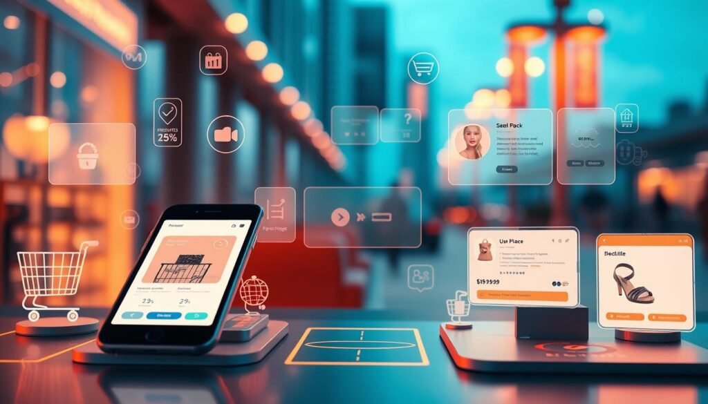 A vibrant, e-commerce-themed scene with a foreground focus on a mobile device displaying a product page, surrounded by a variety of shopping cart icons, promotional offers, and product recommendation windows. The scene is illuminated by warm, diffused lighting, creating a soft, inviting atmosphere. The middle ground features a minimalist, futuristic-styled interface showcasing various e-commerce actions, while the background provides a subtle, blurred cityscape, hinting at the broader context of a mobile-driven, urban shopping experience.