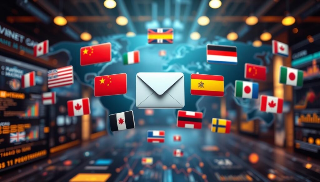 A vibrant, global email platform with flags representing diverse languages and locales floating against a backdrop of digital interfaces, data visualizations, and communication networks. The scene is bathed in a warm, professional lighting that accentuates the sleek, modern aesthetic. Subtle lens blur creates a sense of depth, drawing the viewer's eye to the central email icons and interface elements. The overall atmosphere conveys the power of multilingual, cross-border communication and the seamless integration of localization features. A vibrant, global email platform with flags representing diverse languages and locales floating against a backdrop of digital interfaces, data visualizations, and communication networks. The scene is bathed in a warm, professional lighting that accentuates the sleek, modern aesthetic. Subtle lens blur creates a sense of depth, drawing the viewer's eye to the central email icons and interface elements. The overall atmosphere conveys the power of multilingual, cross-border communication and the seamless integration of localization features.