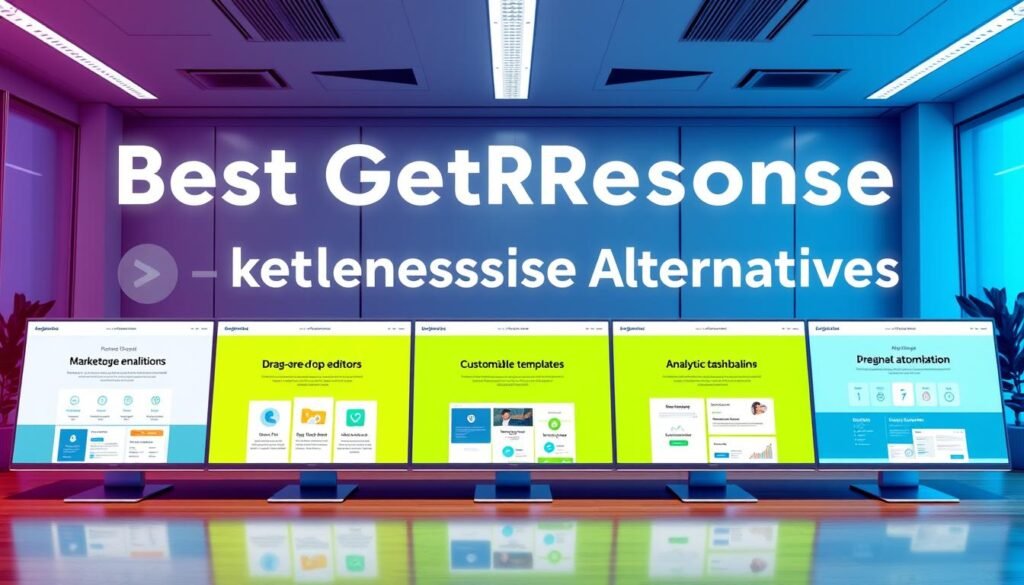 A vibrant, high-resolution image showcasing the "Best GetResponse Alternatives" with a focus on landing page builder features. The foreground features a clean, modern layout of various marketing automation platforms, with distinct icons and branded elements. The middle ground highlights the key capabilities of each alternative, such as drag-and-drop editors, customizable templates, and analytics dashboards. The background showcases a sleek, minimalist office setting, with geometric patterns and subtle lighting effects to create a professional, tech-savvy atmosphere. The overall composition conveys a sense of productivity, innovation, and the ability to effectively manage digital marketing campaigns. A vibrant, high-resolution image showcasing the "Best GetResponse Alternatives" with a focus on landing page builder features. The foreground features a clean, modern layout of various marketing automation platforms, with distinct icons and branded elements. The middle ground highlights the key capabilities of each alternative, such as drag-and-drop editors, customizable templates, and analytics dashboards. The background showcases a sleek, minimalist office setting, with geometric patterns and subtle lighting effects to create a professional, tech-savvy atmosphere. The overall composition conveys a sense of productivity, innovation, and the ability to effectively manage digital marketing campaigns.