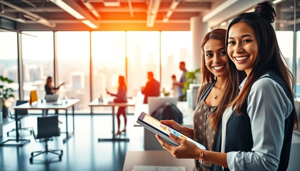 A vibrant, modern office scene depicting the impact of personalization. In the foreground, a smiling customer service representative engages warmly with a customer on a tablet, showcasing personalized recommendations. The middle ground features a dynamic open-plan workspace, with employees collaborating at standing desks and utilizing various digital tools. The background showcases a panoramic city skyline, bathed in warm, natural lighting from large windows. The scene conveys a sense of productivity, efficiency, and a customer-centric focus, highlighting how personalization can measurably improve satisfaction and loyalty. A vibrant, modern office scene depicting the impact of personalization. In the foreground, a smiling customer service representative engages warmly with a customer on a tablet, showcasing personalized recommendations. The middle ground features a dynamic open-plan workspace, with employees collaborating at standing desks and utilizing various digital tools. The background showcases a panoramic city skyline, bathed in warm, natural lighting from large windows. The scene conveys a sense of productivity, efficiency, and a customer-centric focus, highlighting how personalization can measurably improve satisfaction and loyalty.