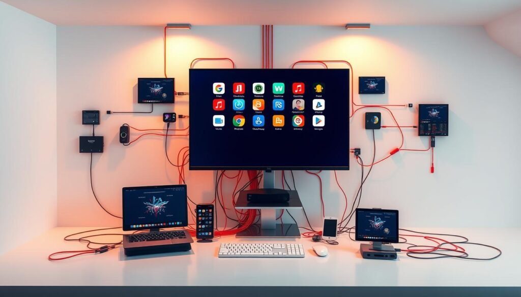 A vibrant, seamless integration of digital tools, meticulously arranged in a sleek, modern composition. A clean, minimalist workspace with a large central monitor displaying various app logos and UI elements, surrounded by smaller screens and devices, all connected by a web of colorful cables and data streams. Warm, directional lighting highlights the interconnected nature of the setup, creating a sense of cohesion and efficiency. The overall atmosphere conveys the power and versatility of integrated digital solutions, ready to streamline workflows and optimize productivity. A vibrant, seamless integration of digital tools, meticulously arranged in a sleek, modern composition. A clean, minimalist workspace with a large central monitor displaying various app logos and UI elements, surrounded by smaller screens and devices, all connected by a web of colorful cables and data streams. Warm, directional lighting highlights the interconnected nature of the setup, creating a sense of cohesion and efficiency. The overall atmosphere conveys the power and versatility of integrated digital solutions, ready to streamline workflows and optimize productivity.