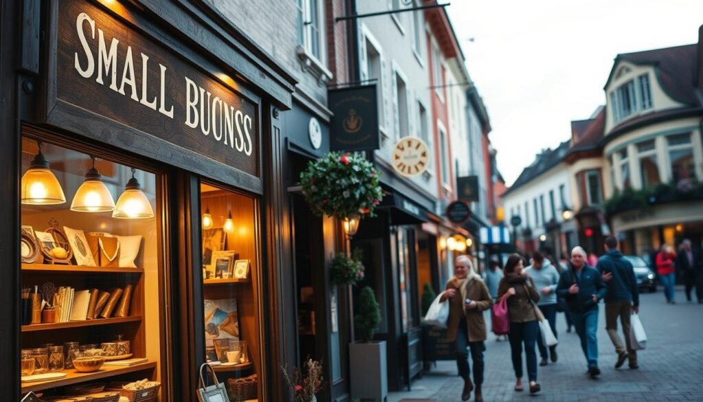 A vibrant small business scene, captured in a warm, inviting light. In the foreground, a cozy storefront with a welcoming sign and an array of handcrafted products displayed in the window. The middle ground features a bustling street, with people carrying shopping bags and chatting animatedly. In the background, a row of quaint, historic buildings, their facades adorned with charming details. The overall atmosphere conveys a sense of community, entrepreneurship, and the heartbeat of a thriving local economy.