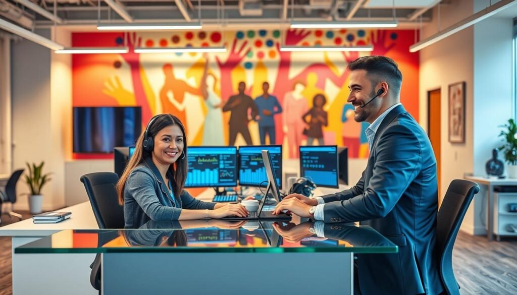 A vibrant, well-equipped workspace in a modern, open-plan office setting. In the foreground, a smiling customer service representative assists a client over a sleek, glass-topped desk, their expressions conveying warmth and attentiveness. The middle ground features a bank of monitors displaying real-time support metrics, while the background showcases a colorful, inspiring mural depicting a community of interconnected people, symbolizing the inclusive, collaborative nature of the company's approach to customer success. Soft, diffused lighting casts a welcoming glow, and the overall atmosphere radiates a sense of professionalism, efficiency, and unwavering commitment to providing exceptional support. A vibrant, well-equipped workspace in a modern, open-plan office setting. In the foreground, a smiling customer service representative assists a client over a sleek, glass-topped desk, their expressions conveying warmth and attentiveness. The middle ground features a bank of monitors displaying real-time support metrics, while the background showcases a colorful, inspiring mural depicting a community of interconnected people, symbolizing the inclusive, collaborative nature of the company's approach to customer success. Soft, diffused lighting casts a welcoming glow, and the overall atmosphere radiates a sense of professionalism, efficiency, and unwavering commitment to providing exceptional support.