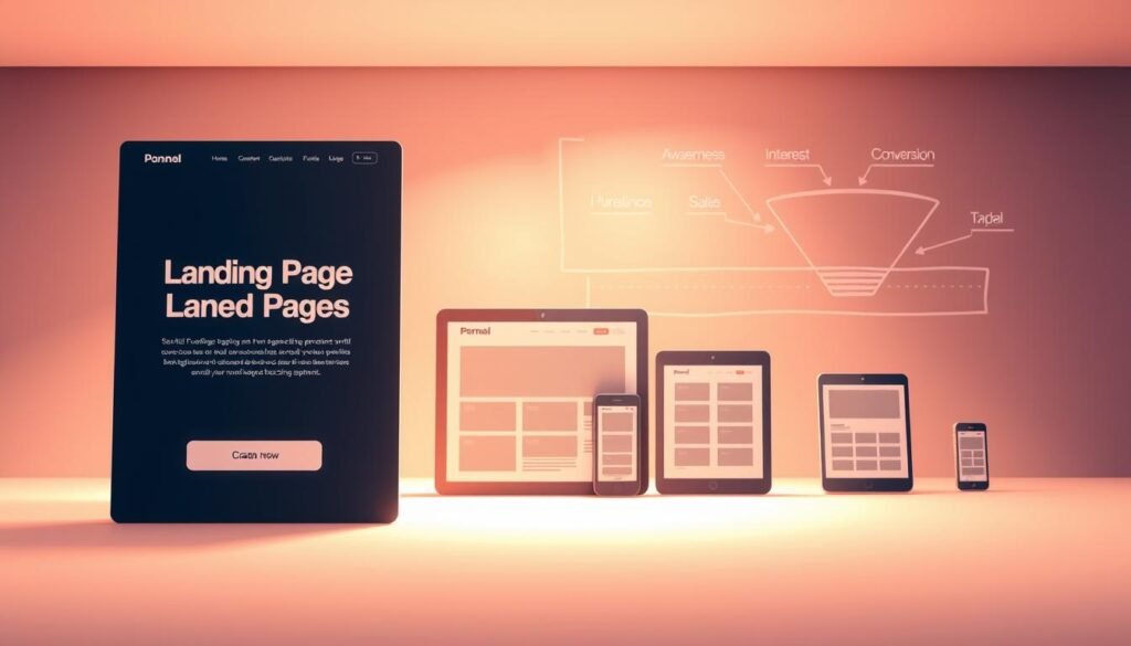 A visually striking digital illustration showcasing the process of building landing pages and funnels. In the foreground, a sleek and modern landing page design with bold typography, clean layout, and a prominent call-to-action button. In the middle ground, a set of responsive web layouts displayed on various devices, representing the creation of a seamless cross-platform experience. In the background, a schematic diagram of a sales funnel, with stages such as awareness, interest, and conversion, all connected by smooth, flowing lines. The overall scene is bathed in a warm, yet professional color palette, with subtle highlights and shadows to create depth and dimensionality. The lighting is soft and diffused, evoking a sense of sophistication and attention to detail. The angle is slightly elevated, providing an encompassing view of the entire composition.