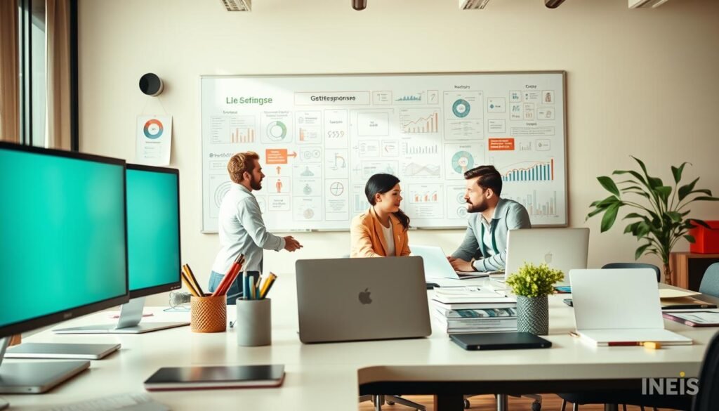 A well-lit and meticulously detailed office workspace, showcasing the functionality and utility of GetResponse's suite of digital marketing tools. The foreground features a sleek, modern desk with a high-resolution monitor, a stylish laptop, and a collection of neatly organized office supplies. The middle ground depicts a team of professionals collaboratively brainstorming and working on their digital campaigns, their expressions conveying focus and productivity. In the background, a large whiteboard displays intricate diagrams and charts, highlighting the data-driven insights and analytical capabilities of the GetResponse platform. The scene is bathed in a warm, natural lighting, creating a sense of professionalism and efficiency, perfectly embodying the "Aligning Reddit Feedback with GetResponse Features Today" section of the article.