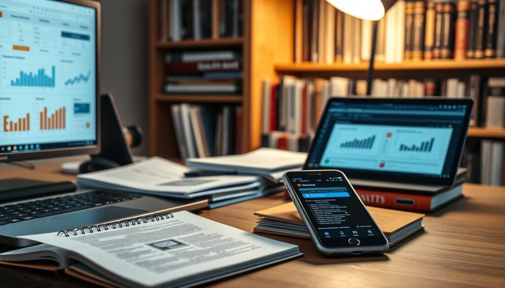 A well-lit desk setup showcasing an array of deliverability tools. In the foreground, a laptop displays email analytics dashboards, alongside a smartphone with a deliverability monitoring app. In the middle ground, a stack of technical manuals and an open notebook with detailed notes. In the background, a bookshelf filled with volumes on email marketing, deliverability, and data analysis. The scene is illuminated by a warm, directional light source, casting subtle shadows and highlighting the professional, research-oriented atmosphere. The overall mood is one of focused diligence, as the tools enable a comprehensive approach to solving email deliverability challenges. A well-lit desk setup showcasing an array of deliverability tools. In the foreground, a laptop displays email analytics dashboards, alongside a smartphone with a deliverability monitoring app. In the middle ground, a stack of technical manuals and an open notebook with detailed notes. In the background, a bookshelf filled with volumes on email marketing, deliverability, and data analysis. The scene is illuminated by a warm, directional light source, casting subtle shadows and highlighting the professional, research-oriented atmosphere. The overall mood is one of focused diligence, as the tools enable a comprehensive approach to solving email deliverability challenges.