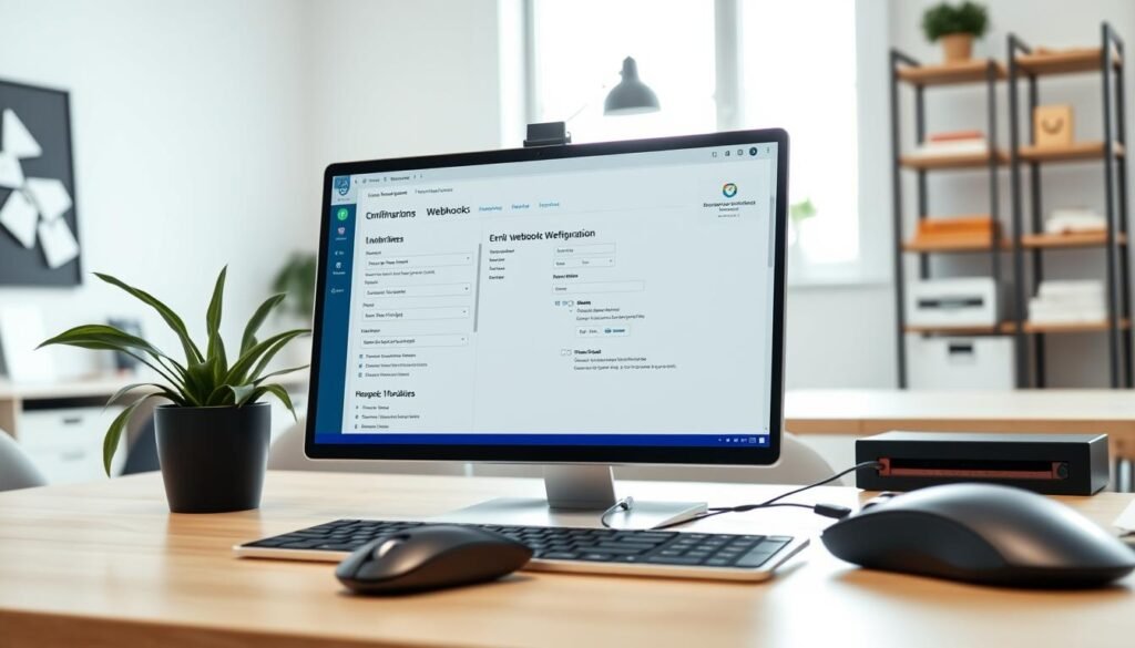 A well-lit, detailed desktop scene with a laptop screen prominently displaying a web-based dashboard interface for configuring webhooks. In the foreground, a clean, modern desk setup with a stylish mouse, keyboard, and a potted plant. In the middle ground, the laptop screen shows a webhook configuration interface with input fields, toggles, and drop-down menus. The background features a minimalist office environment with neutral-toned walls, shelves, and a window providing natural lighting. The overall mood is one of focus, productivity, and attention to detail, reflecting the technical and instructional nature of the subject matter. A well-lit, detailed desktop scene with a laptop screen prominently displaying a web-based dashboard interface for configuring webhooks. In the foreground, a clean, modern desk setup with a stylish mouse, keyboard, and a potted plant. In the middle ground, the laptop screen shows a webhook configuration interface with input fields, toggles, and drop-down menus. The background features a minimalist office environment with neutral-toned walls, shelves, and a window providing natural lighting. The overall mood is one of focus, productivity, and attention to detail, reflecting the technical and instructional nature of the subject matter.