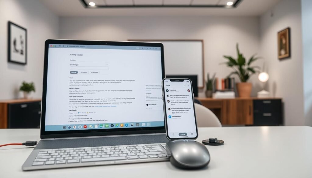 A well-lit, high-resolution image of an email testing setup. In the foreground, a laptop screen displays an email composition window with various input fields and send buttons. On the desk, a modern mouse and keyboard are neatly arranged. In the middle ground, a smartphone is positioned, its screen showing an email inbox with multiple unread messages. The background features a minimalist, modern office setting with clean, neutral-toned walls and tasteful decor, creating a professional, focused atmosphere. The lighting is bright and evenly distributed, highlighting the details of the equipment and creating a sense of clarity and productivity. A well-lit, high-resolution image of an email testing setup. In the foreground, a laptop screen displays an email composition window with various input fields and send buttons. On the desk, a modern mouse and keyboard are neatly arranged. In the middle ground, a smartphone is positioned, its screen showing an email inbox with multiple unread messages. The background features a minimalist, modern office setting with clean, neutral-toned walls and tasteful decor, creating a professional, focused atmosphere. The lighting is bright and evenly distributed, highlighting the details of the equipment and creating a sense of clarity and productivity.
