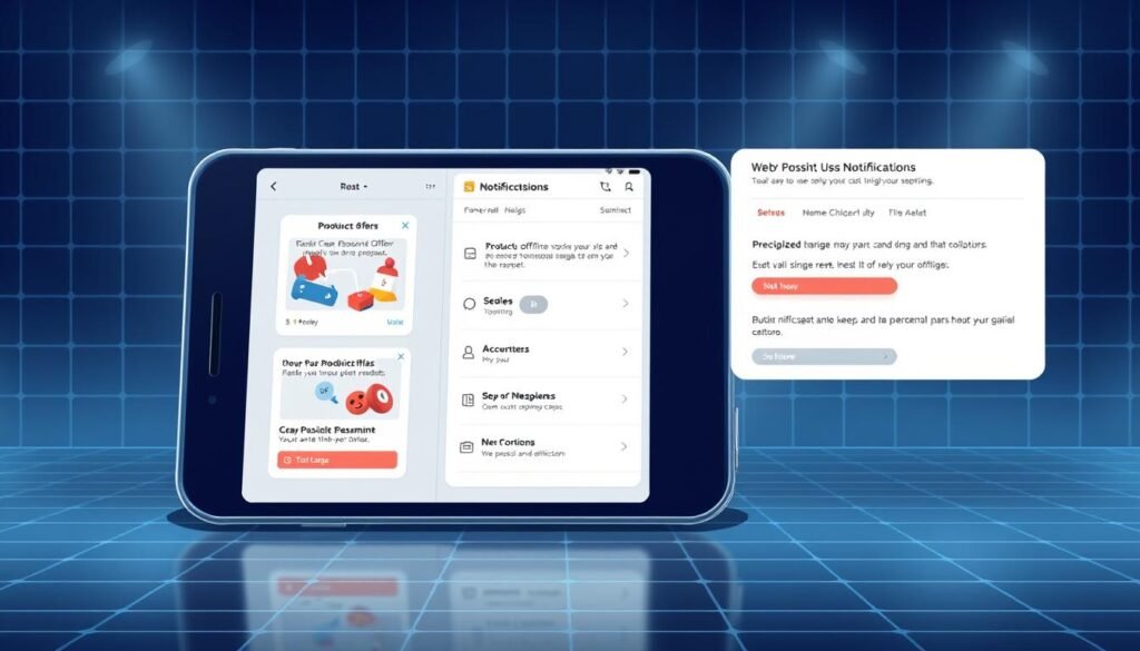 A well-lit, highly detailed digital illustration depicting web push notifications on a smartphone or tablet screen. The foreground showcases a clean, minimalist interface with several push notification cards displaying enticing product offers, updates, and alerts. The middle ground features an array of notification settings and customization options, emphasizing the ability to precisely target and personalize the notifications. The background portrays a modern, tech-savvy environment with subtle grid patterns, subtle gradients, and a sense of digital elegance. The overall mood is professional, polished, and designed to encourage engagement and conversion.