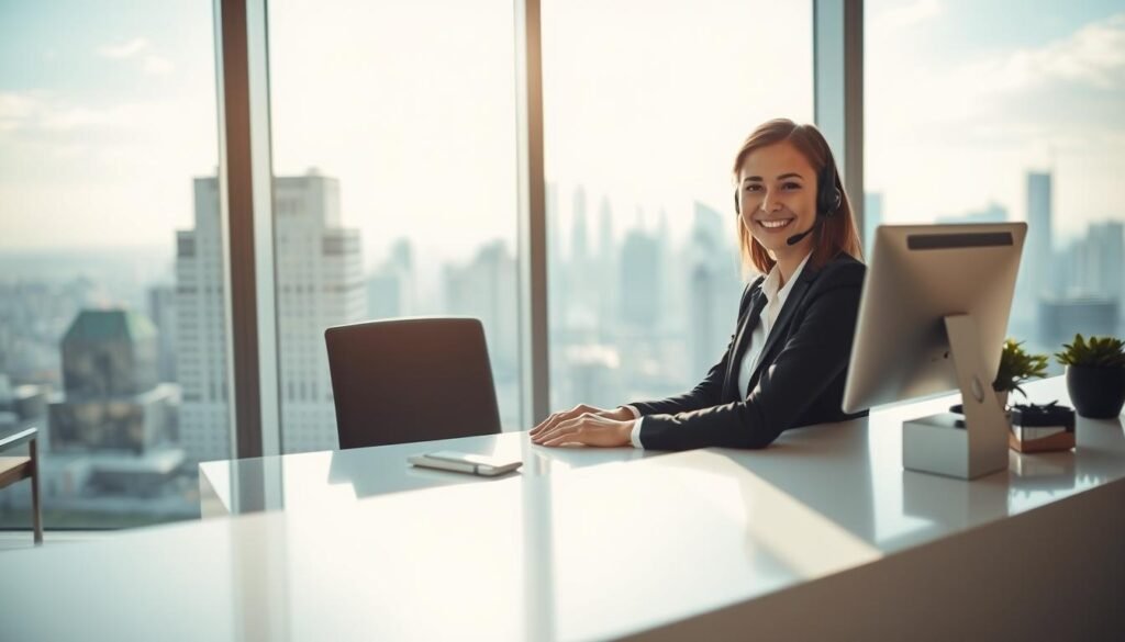 A well-lit modern office interior, with a customer service representative sitting at a sleek, minimalist desk. The representative is wearing a professional attire and has a warm, welcoming expression, ready to assist a customer. The background features a large window overlooking a bustling city skyline, bathed in soft, natural light. The atmosphere conveys a sense of efficiency, responsiveness, and a commitment to providing exceptional customer support. The camera angle is slightly elevated, capturing the scene from an oblique perspective to create a sense of depth and professionalism. A well-lit modern office interior, with a customer service representative sitting at a sleek, minimalist desk. The representative is wearing a professional attire and has a warm, welcoming expression, ready to assist a customer. The background features a large window overlooking a bustling city skyline, bathed in soft, natural light. The atmosphere conveys a sense of efficiency, responsiveness, and a commitment to providing exceptional customer support. The camera angle is slightly elevated, capturing the scene from an oblique perspective to create a sense of depth and professionalism.