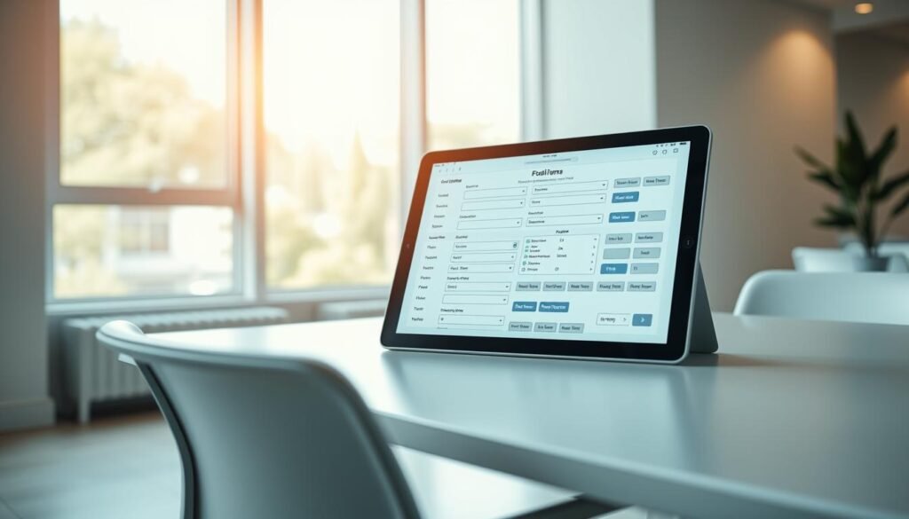 A well-lit, modern office interior with a sleek, minimalist desk and chair. On the desk, a sophisticated tablet device displays a complex web form with various input fields, dropdown menus, and buttons. The form is clean, intuitive, and responsive, reflecting the latest design trends. The room has large windows with natural lighting, casting a warm, professional glow. The walls are painted in a calming, neutral palette, complementing the simplicity of the desk setup. The overall atmosphere conveys efficiency, productivity, and a sense of effortless digital interaction.