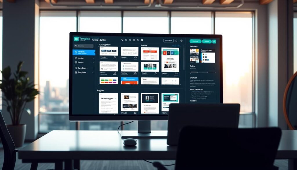A well-lit, modern office setting with a clean, minimalist aesthetic. In the foreground, a large computer monitor displays a templates editor interface, featuring a grid of customizable email templates. The user interface is intuitive and visually appealing, with clear controls for adjusting layout, fonts, colors, and branding elements. In the middle ground, a desk with a sleek laptop, mouse, and keyboard. The background is softly blurred, revealing floor-to-ceiling windows overlooking a city skyline, bathed in warm, natural lighting. The overall mood is one of efficiency, creativity, and professionalism, reflecting the section's focus on the tools and capabilities essential for effective email marketing.