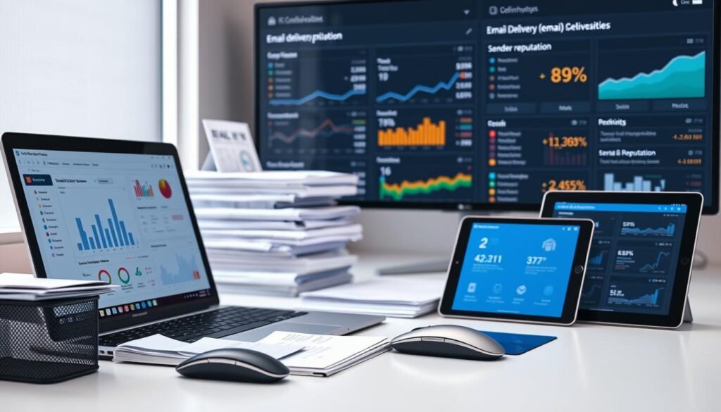 A well-lit office desk with various email marketing and deliverability tools neatly arranged. In the foreground, a laptop screen displays a dashboard of email performance metrics, surrounded by stacks of paperwork, a pen holder, and a sleek wireless mouse. In the middle ground, a smartphone and a tablet showcase different email campaign optimization features. The background features a large monitor displaying detailed email delivery statistics and sender reputation data. Soft, directional lighting creates a professional, productive atmosphere. The overall scene conveys the importance of email deliverability and the availability of advanced tools to analyze and improve sender health. A well-lit office desk with various email marketing and deliverability tools neatly arranged. In the foreground, a laptop screen displays a dashboard of email performance metrics, surrounded by stacks of paperwork, a pen holder, and a sleek wireless mouse. In the middle ground, a smartphone and a tablet showcase different email campaign optimization features. The background features a large monitor displaying detailed email delivery statistics and sender reputation data. Soft, directional lighting creates a professional, productive atmosphere. The overall scene conveys the importance of email deliverability and the availability of advanced tools to analyze and improve sender health.