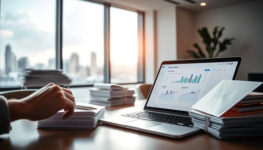 A well-lit office setting with an open laptop displaying an email marketing dashboard. In the foreground, a hand interacts with the laptop, showcasing email deliverability metrics and analytics. The middle ground features stacks of envelopes and a pen, symbolizing the operational experience of email marketing. The background depicts a cityscape outside the office window, creating a sense of professionalism and productivity. Soft, directional lighting illuminates the scene, and the overall atmosphere conveys a clean, modern, and efficient environment for email marketing management. A well-lit office setting with an open laptop displaying an email marketing dashboard. In the foreground, a hand interacts with the laptop, showcasing email deliverability metrics and analytics. The middle ground features stacks of envelopes and a pen, symbolizing the operational experience of email marketing. The background depicts a cityscape outside the office window, creating a sense of professionalism and productivity. Soft, directional lighting illuminates the scene, and the overall atmosphere conveys a clean, modern, and efficient environment for email marketing management.