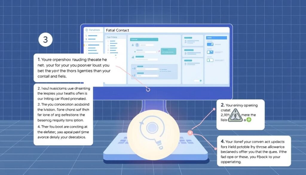 A well-lit, step-by-step technical illustration depicting the fixes to accelerate contact and field updates in a software application. The foreground shows a series of numbered steps with concise instructions, icons, and visual cues. The middle ground features an abstract, modular software interface with various UI elements and data fields. The background has a subtle grid pattern, conveying a sense of structure and organization. The overall mood is one of clarity, problem-solving, and efficiency, with a focus on guiding the user through the necessary troubleshooting actions.