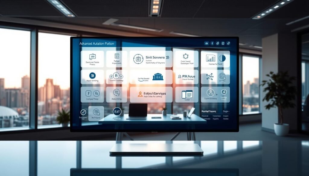 An advanced automation platform in a sleek, modern office setting. The foreground features a touchscreen display showcasing various automation workflows and integrations. In the middle ground, there is a desk with a laptop, tablet, and other productivity tools, all seamlessly connected. The background depicts a large window overlooking a bustling city skyline, bathed in warm, directional lighting. The overall atmosphere conveys efficiency, productivity, and a sense of effortless, responsive technology at work. An advanced automation platform in a sleek, modern office setting. The foreground features a touchscreen display showcasing various automation workflows and integrations. In the middle ground, there is a desk with a laptop, tablet, and other productivity tools, all seamlessly connected. The background depicts a large window overlooking a bustling city skyline, bathed in warm, directional lighting. The overall atmosphere conveys efficiency, productivity, and a sense of effortless, responsive technology at work.