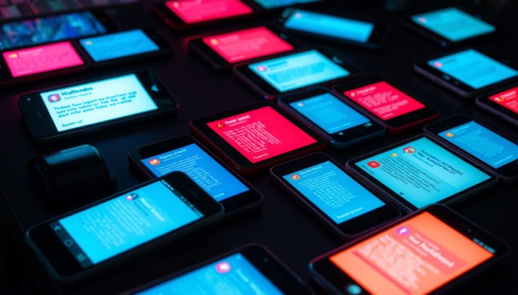 An array of vibrant mobile device screens displaying a cascade of colorful push notification alerts, illuminating a dimly lit desktop surface. The notifications appear in a visually striking arrangement, creating a sense of digital chaos and information overload. Soft directional lighting highlights the glossy device displays, casting subtle shadows and adding depth to the composition. The overall mood evokes a feeling of being inundated by constant digital demands, hinting at the potential hidden costs associated with add-ons and advanced features that can quietly raise a user's monthly subscription bill.