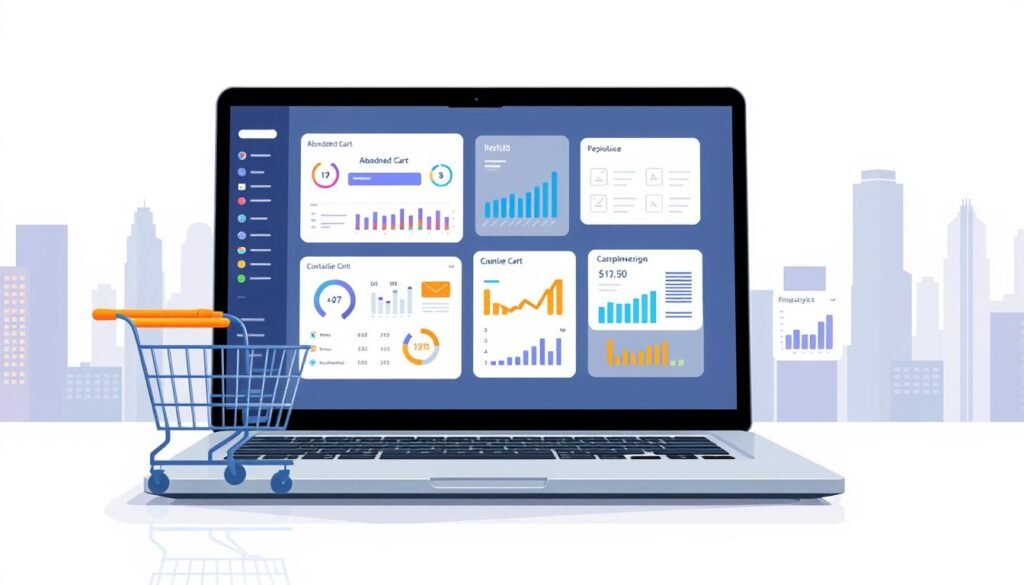 An ecommerce marketing plan with an abandoned cart and revenue-driving tools. A well-lit, high-resolution digital illustration featuring a sleek laptop with an ecommerce platform interface, showcasing various tools and analytics dashboards. In the foreground, a shopping cart icon represents abandoned carts, while in the middle ground, various charts, graphs, and customizable email templates highlight revenue optimization features. The background depicts a stylized cityscape with skyscrapers, symbolizing the scale and potential of ecommerce. The overall tone is professional, modern, and visually engaging, capturing the essence of a comprehensive ecommerce marketing strategy. An ecommerce marketing plan with an abandoned cart and revenue-driving tools. A well-lit, high-resolution digital illustration featuring a sleek laptop with an ecommerce platform interface, showcasing various tools and analytics dashboards. In the foreground, a shopping cart icon represents abandoned carts, while in the middle ground, various charts, graphs, and customizable email templates highlight revenue optimization features. The background depicts a stylized cityscape with skyscrapers, symbolizing the scale and potential of ecommerce. The overall tone is professional, modern, and visually engaging, capturing the essence of a comprehensive ecommerce marketing strategy.