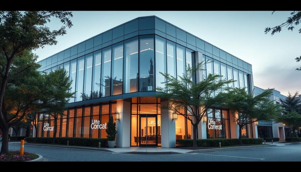 An elegant and professionally designed office building, its facade adorned with sleek glass panels and a modern architectural style. The structure stands in a well-manicured urban setting, with lush trees and a paved driveway leading to the entrance. The lighting is soft and warm, creating a welcoming atmosphere. The camera angle is slightly elevated, capturing the entire building and its surroundings in a flattering perspective. The overall mood conveys an air of professionalism, efficiency, and accessibility, suitable for a customer support office location.