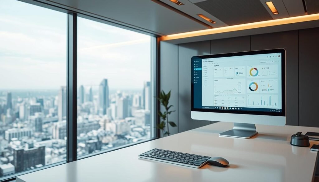 An elegantly designed modern office workspace, with a sleek and intuitive interface displayed on a large computer monitor in the foreground. The workspace is bathed in warm, directional lighting, casting subtle shadows and highlights that accentuate the clean, minimalist aesthetic. In the middle ground, a neatly organized desk with a keyboard, mouse, and other essential tools, all contributing to an atmosphere of effortless productivity and ease of use. The background features a panoramic view of a bustling city skyline, hinting at the broader context in which this efficient management system operates. The overall scene conveys a sense of seamless integration between technology and user-friendly design, capturing the essence of "ease of use management".