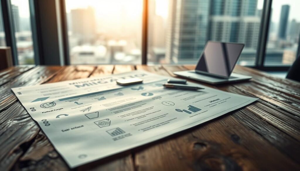 An expansive migration checklist lays out on a weathered wooden surface, illuminated by soft, natural light filtering in through a large window. In the foreground, various icons and infographics symbolize the key steps of the transition process - arrows, charts, and checkboxes. The middle ground features a laptop, smartphone, and other digital devices, hinting at the technical aspects of the migration. In the background, a blurred cityscape suggests the bustling professional context this process is situated in. The overall mood is one of organized efficiency, with a touch of warm, inviting ambiance to convey the smooth, seamless nature of the transition.