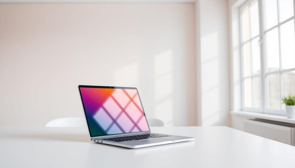 Bright, minimalist workspace with a sleek, intuitive laptop on a clean, uncluttered desk. The laptop's display features a simple, user-friendly interface, beckoning the viewer to interact. Soft, natural lighting filters in through large windows, creating a serene, inviting atmosphere. In the background, a pastel gradient wall subtly complements the clean, modern aesthetic. The scene conveys a sense of effortless productivity and seamless technology integration, capturing the essence of an "ease of use" experience. Bright, minimalist workspace with a sleek, intuitive laptop on a clean, uncluttered desk. The laptop's display features a simple, user-friendly interface, beckoning the viewer to interact. Soft, natural lighting filters in through large windows, creating a serene, inviting atmosphere. In the background, a pastel gradient wall subtly complements the clean, modern aesthetic. The scene conveys a sense of effortless productivity and seamless technology integration, capturing the essence of an "ease of use" experience.