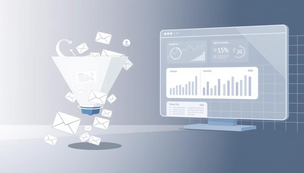 Detailed digital illustration of a conversion funnel for email marketing, with a clean, minimalist aesthetic. In the foreground, a stylized funnel shape represents the lead generation process, with various email marketing elements like envelopes, newsletters, and subscriber icons cascading down its steps. The middle ground features a sleek, data-driven dashboard displaying analytics and optimization metrics, conveying the importance of measurement and optimization. The background showcases a subtle grid pattern, highlighting the structured, systematic nature of the email marketing funnel. Lighting is soft and directional, creating depth and emphasizing the key elements. The overall tone is professional, informative, and visually appealing, suitable for an article on effective lead generation strategies. Detailed digital illustration of a conversion funnel for email marketing, with a clean, minimalist aesthetic. In the foreground, a stylized funnel shape represents the lead generation process, with various email marketing elements like envelopes, newsletters, and subscriber icons cascading down its steps. The middle ground features a sleek, data-driven dashboard displaying analytics and optimization metrics, conveying the importance of measurement and optimization. The background showcases a subtle grid pattern, highlighting the structured, systematic nature of the email marketing funnel. Lighting is soft and directional, creating depth and emphasizing the key elements. The overall tone is professional, informative, and visually appealing, suitable for an article on effective lead generation strategies.
