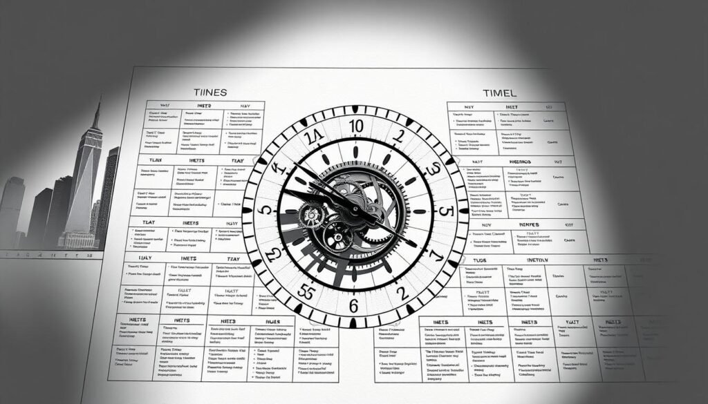 Detailed timing plan for a business negotiation, captured in a high-contrast, architectural drawing style. A centrally-positioned clock face with intricate gear mechanisms dominates the foreground, symbolizing the importance of timing. Surrounding it, a grid of schedules, milestones, and action items fills the middle ground, conveying the structure and organization required. In the background, a muted cityscape hints at the larger context, with skyscrapers and shadows creating a sense of scale and professionalism. Dramatic lighting casts long shadows, emphasizing the gravity of the negotiations. The overall tone is one of precision, strategy, and high-stakes decision-making. Detailed timing plan for a business negotiation, captured in a high-contrast, architectural drawing style. A centrally-positioned clock face with intricate gear mechanisms dominates the foreground, symbolizing the importance of timing. Surrounding it, a grid of schedules, milestones, and action items fills the middle ground, conveying the structure and organization required. In the background, a muted cityscape hints at the larger context, with skyscrapers and shadows creating a sense of scale and professionalism. Dramatic lighting casts long shadows, emphasizing the gravity of the negotiations. The overall tone is one of precision, strategy, and high-stakes decision-making.